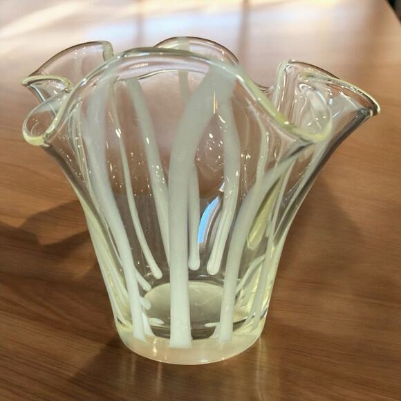 Art Glass Folded Handkerchief Vase Clear White Stripes Smooth Base Glass Deco - Picture 1 of 6